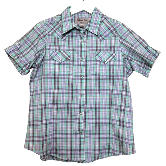 Wrangler Tops - Wrangler Wrancher Plaid Button Down Greae Purple SS Western Shirt Women's SIze M